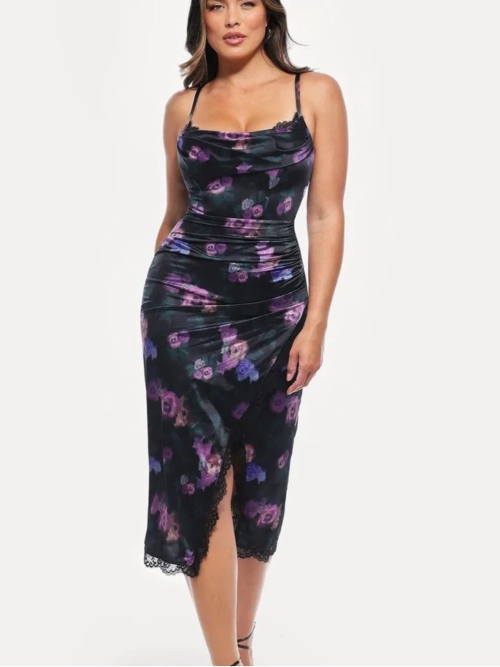 Floral Cowl Neck Midi Dress in Black and Purple